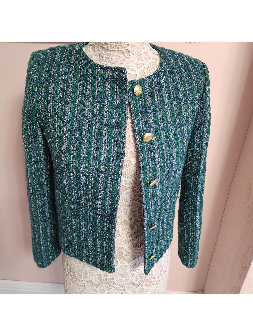Flawless J Crew Tweed green navy white blazer gold buttons adorable 00
